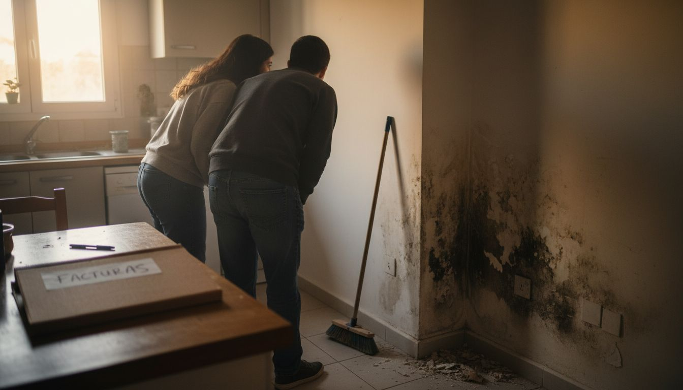Una pareja observa preocupada unas manchas de humedad que han aparecido en la pared.