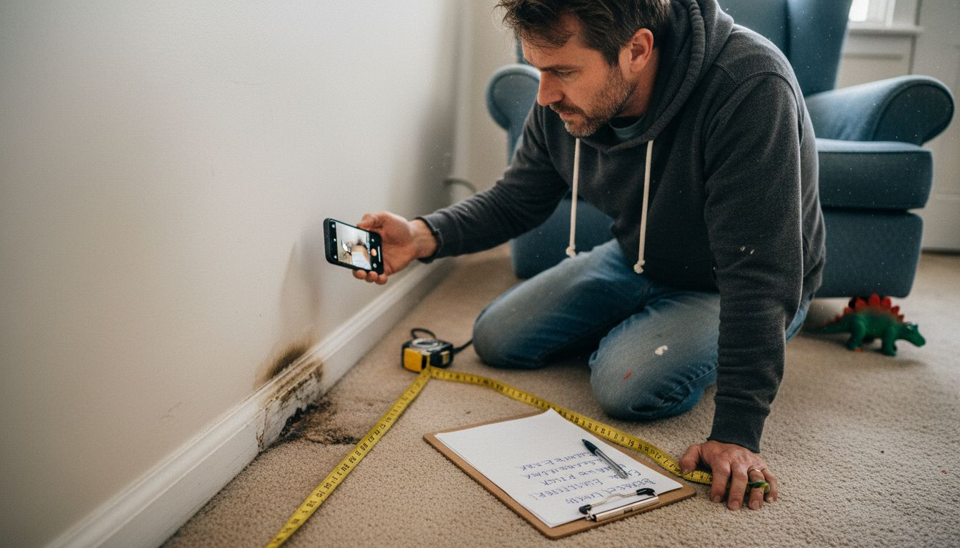 Man photographing damaged wall for insurance