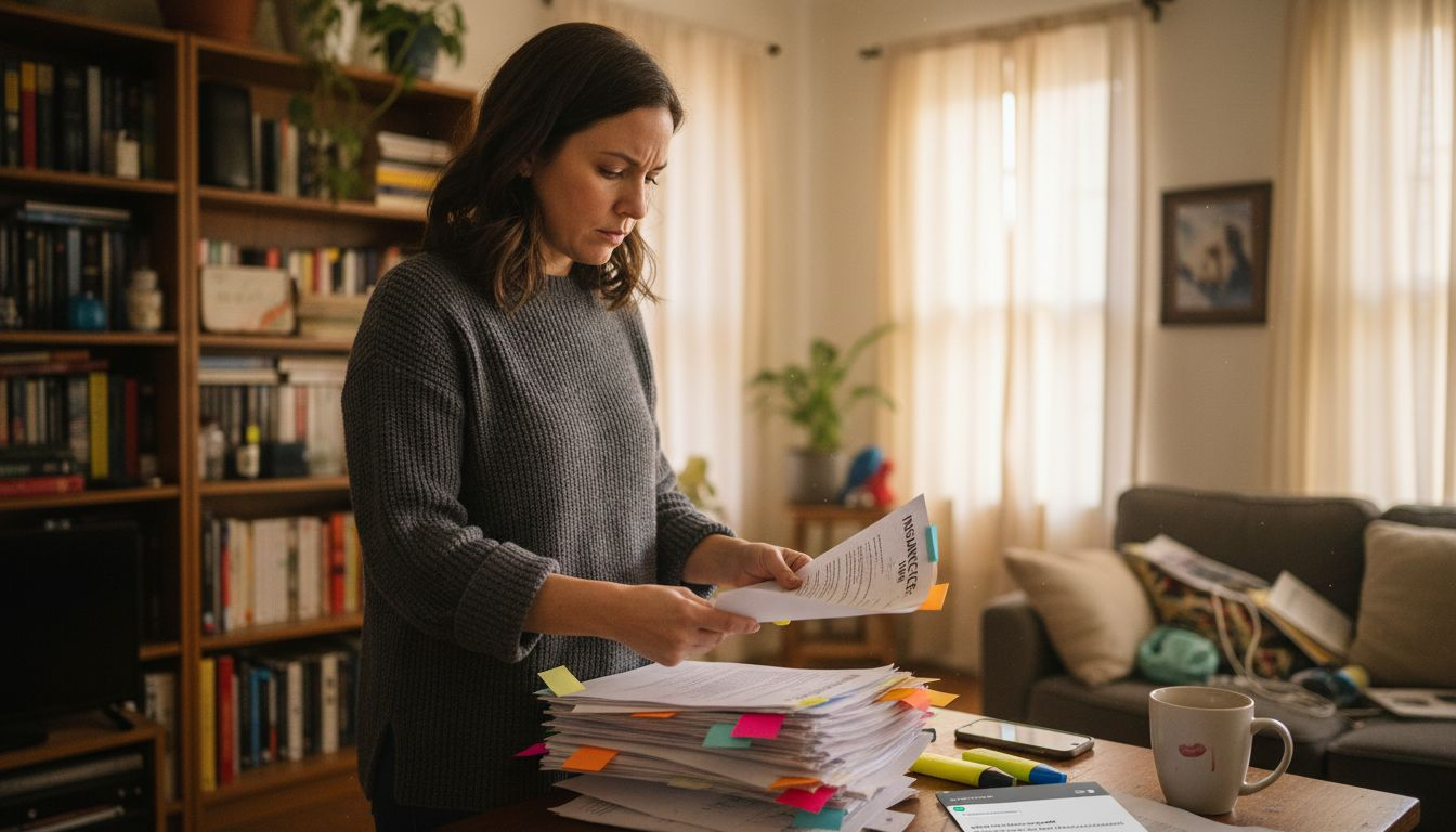Woman highlighting insurance policy in living room