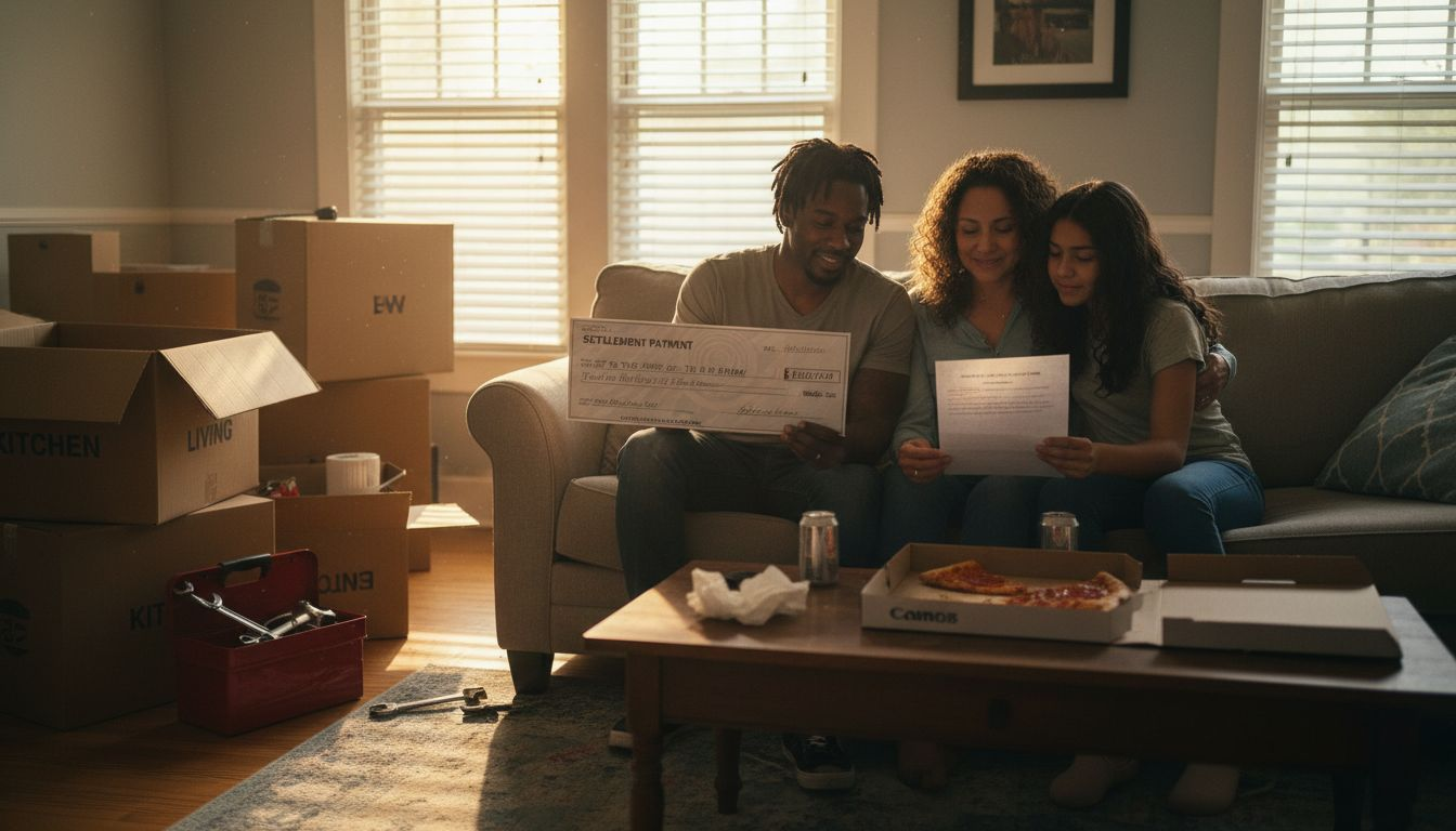 Family receives insurance settlement check at home