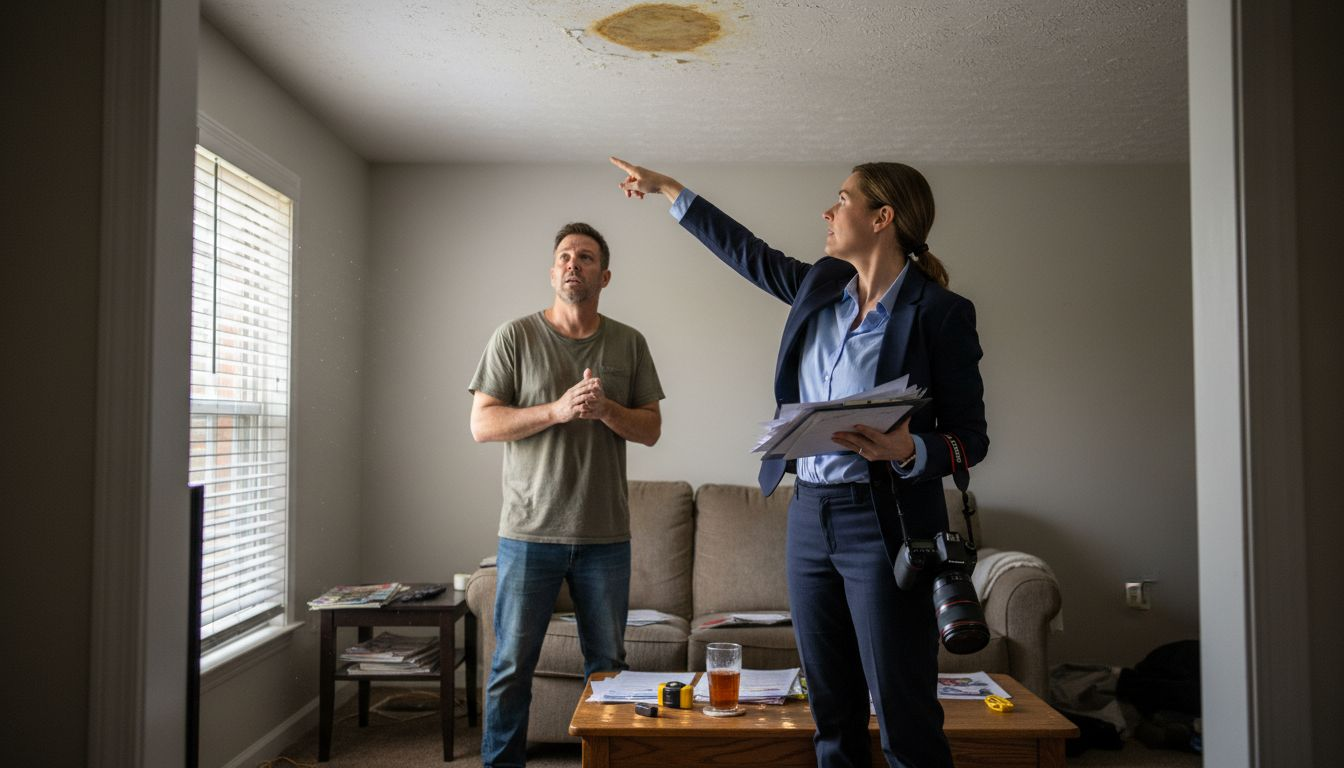 Public adjuster assessing property damage with homeowner
