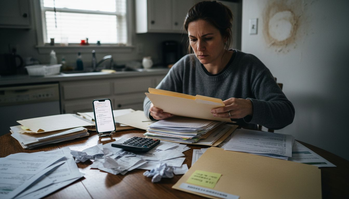 Homeowner organizing insurance claim paperwork