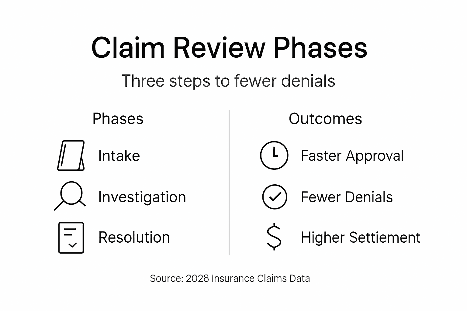 Infographic showing insurance claim review phases and outcomes