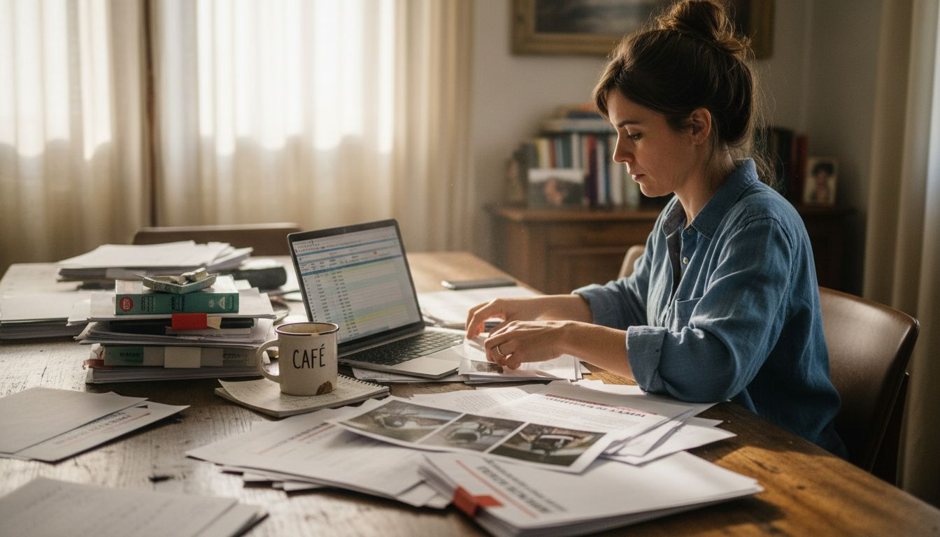 Woman sorting insurance documents at home table