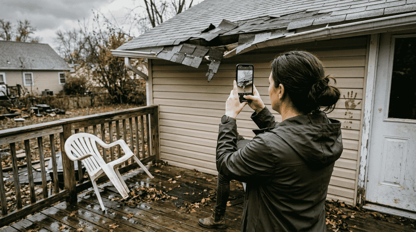 Homeowner photographing storm-damaged roof
