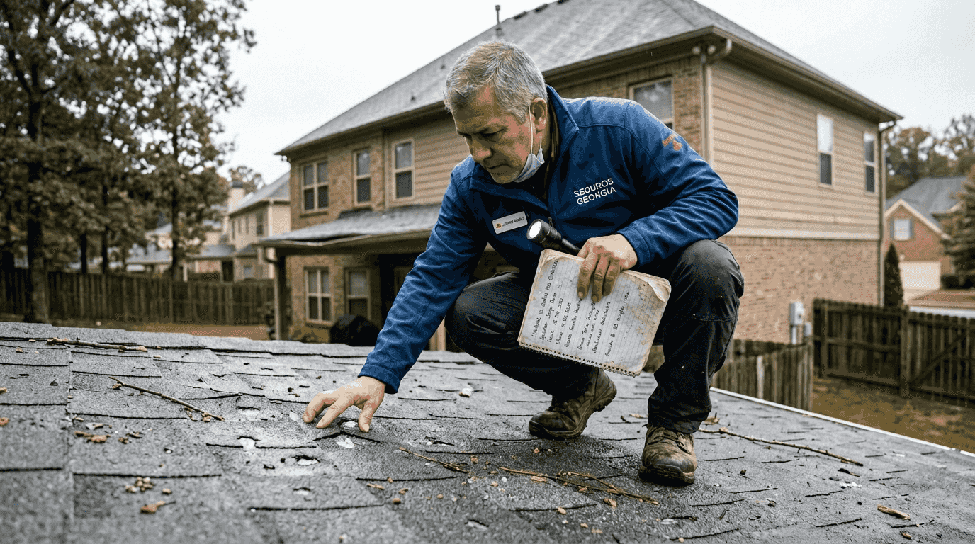 Perito inspeccionando los daños en el techo de una vivienda