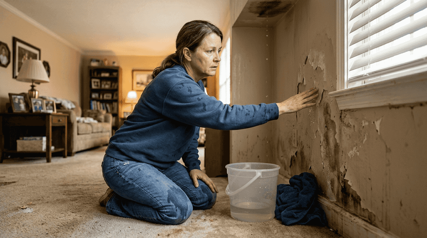 Revisando una pared con daños por humedad dentro de una casa en Georgia