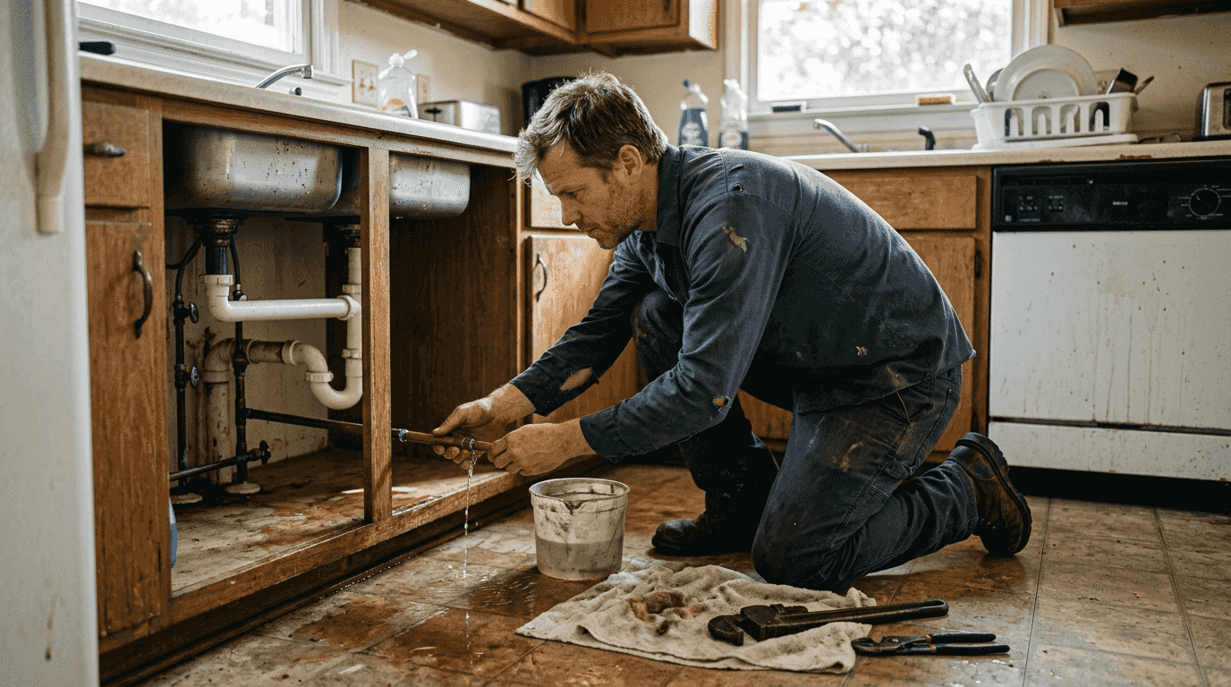 Plumber checking clean water damage sink