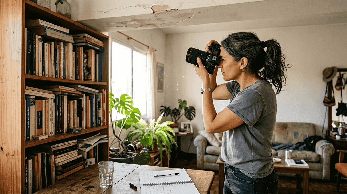 Mujer registrando con fotos los desperfectos en el techo de su casa