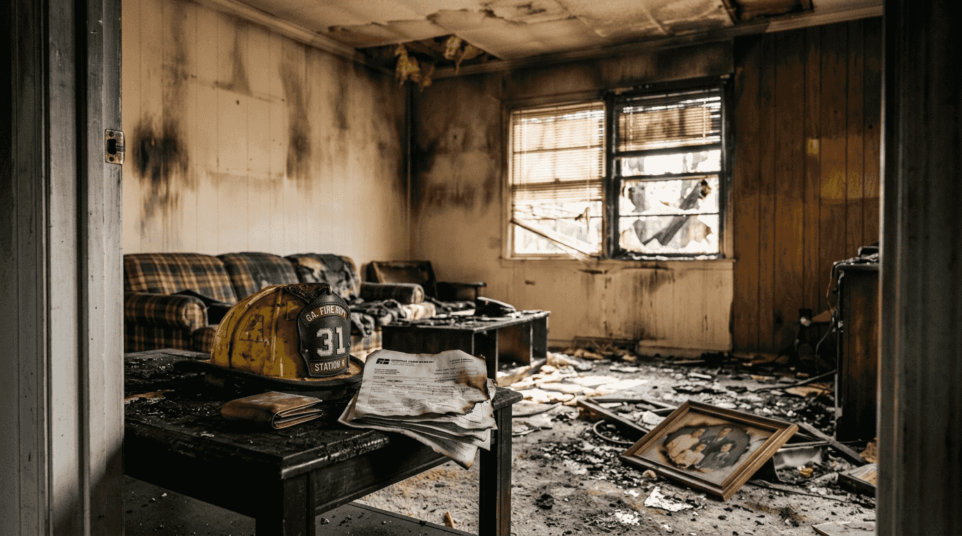 Living room with visible fire damage and debris