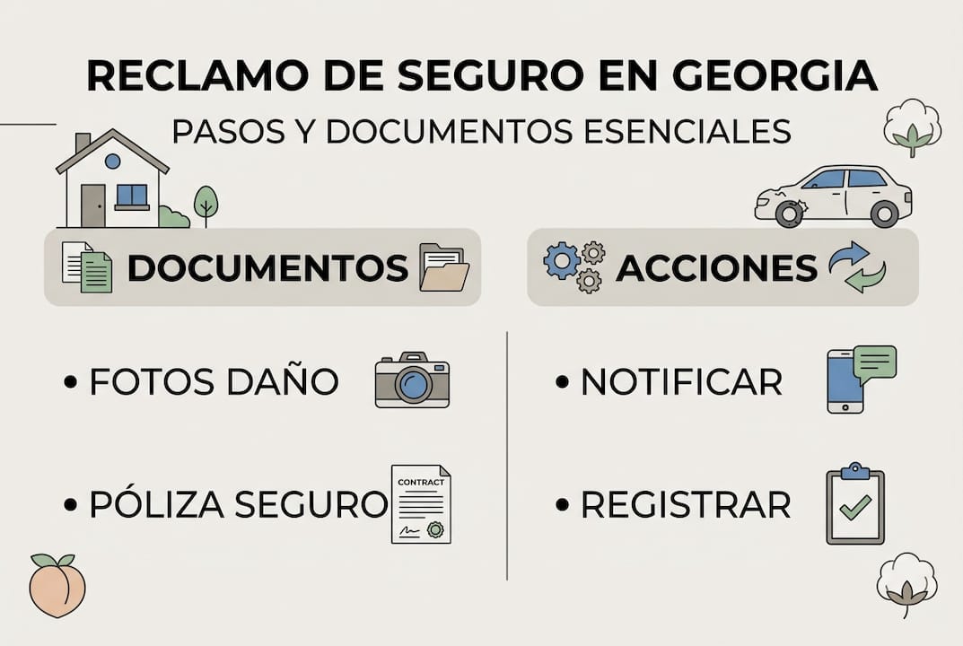 Guía visual con los pasos esenciales y la documentación necesaria para tramitar un reclamo de seguro en Georgia