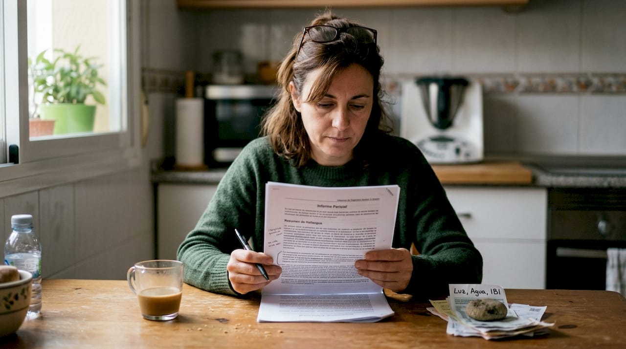 Una mujer analiza detenidamente un informe pericial mientras está en la cocina.