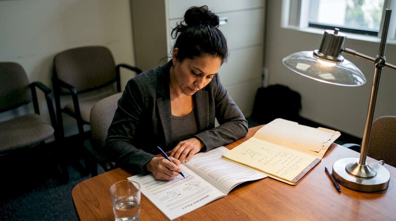 Perito de seguros revisando una póliza durante una reunión