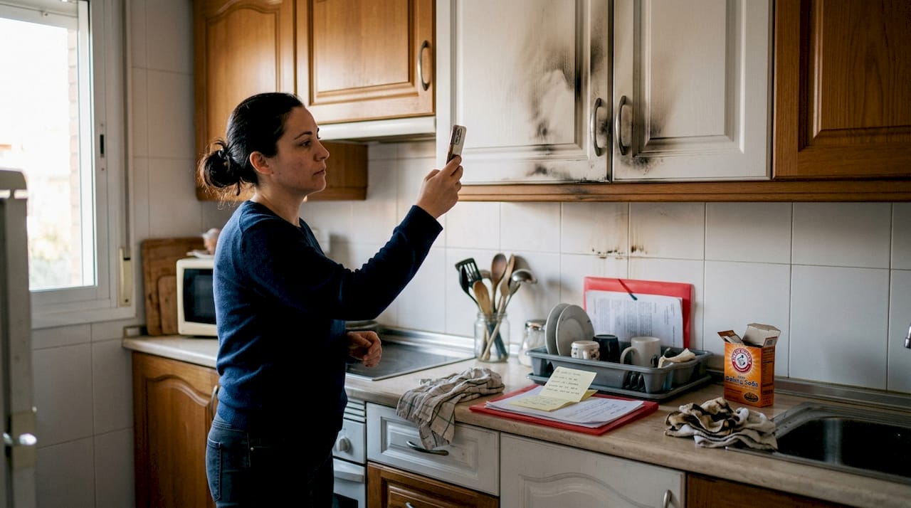 Persona tomando fotos para dejar constancia de los daños causados por un incendio en la cocina.