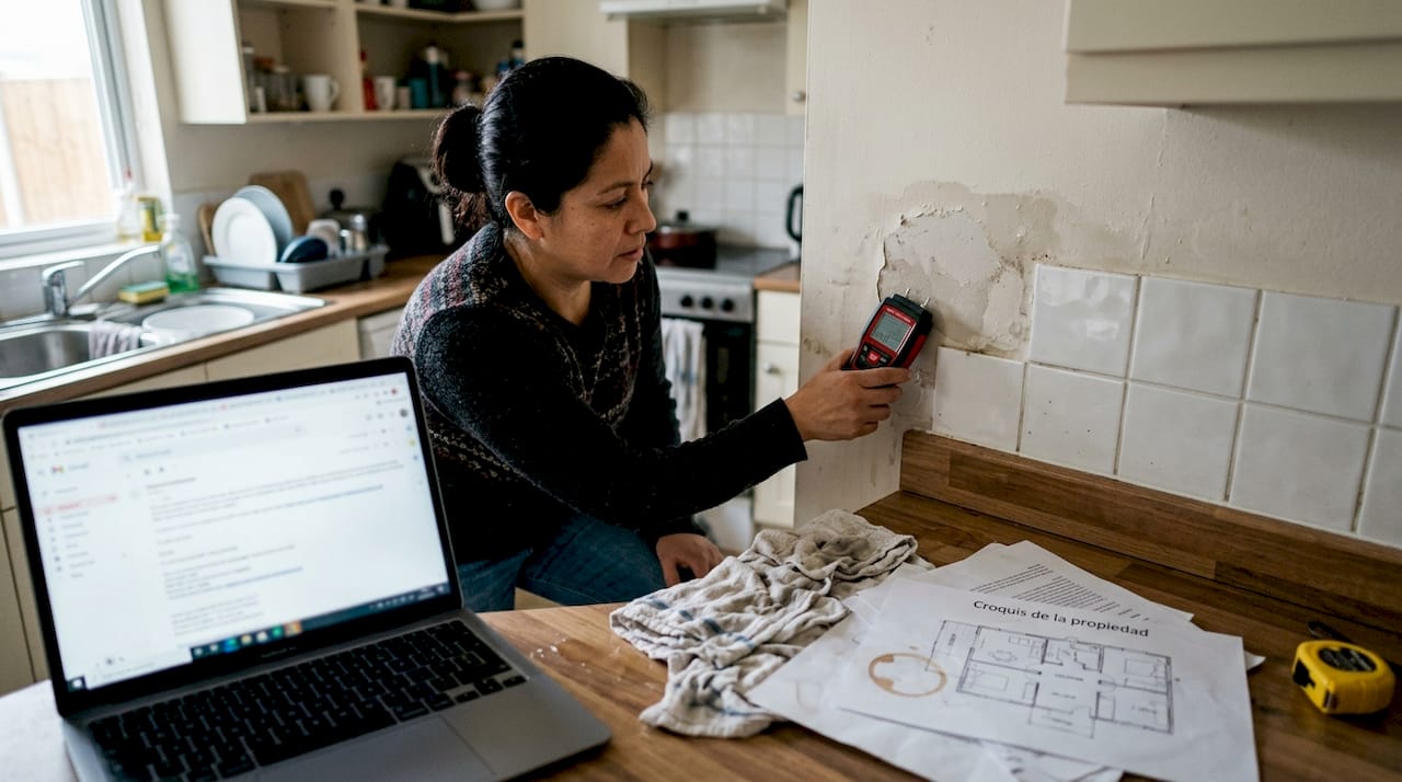 Técnica revisando una cocina averiada con ayuda de una herramienta digital