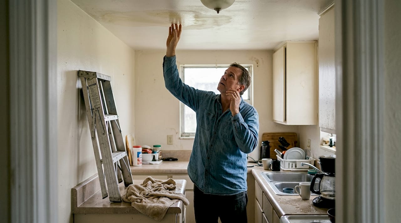 Un hombre inspecciona una filtración de agua en la cocina después del paso de un huracán.
