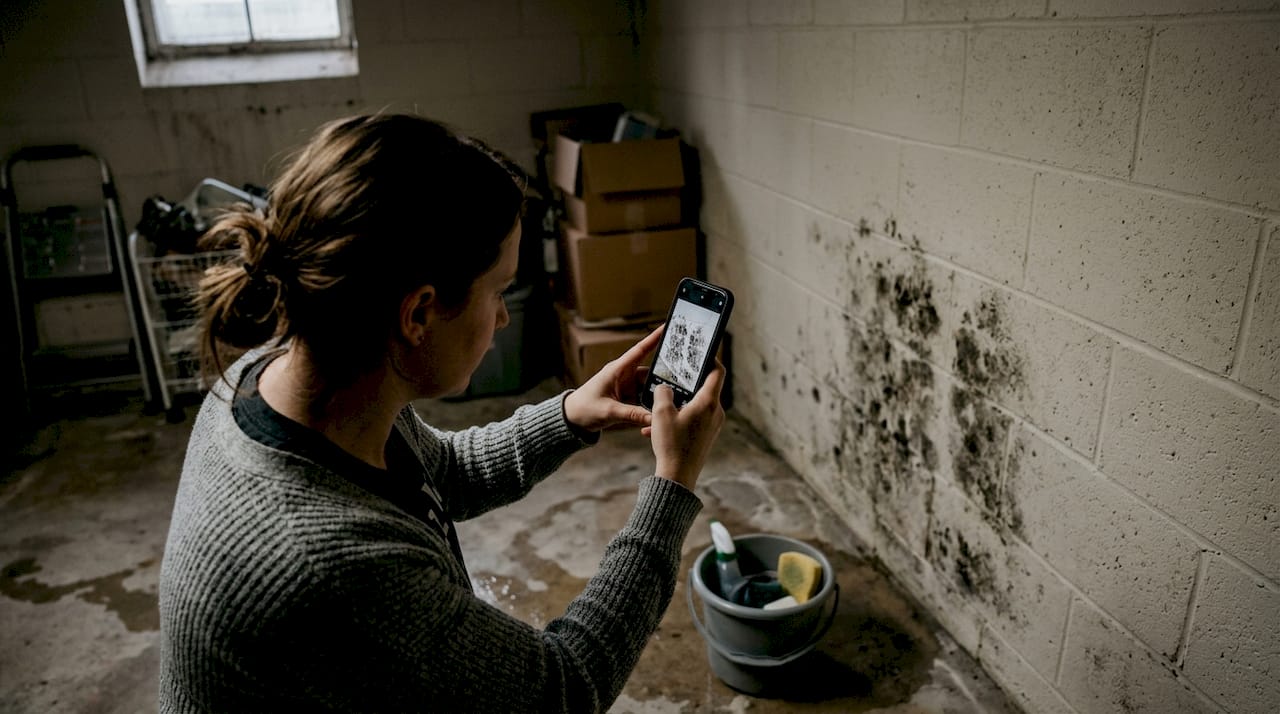 Mujer tomando fotos con el móvil para dejar constancia de los daños causados por el moho