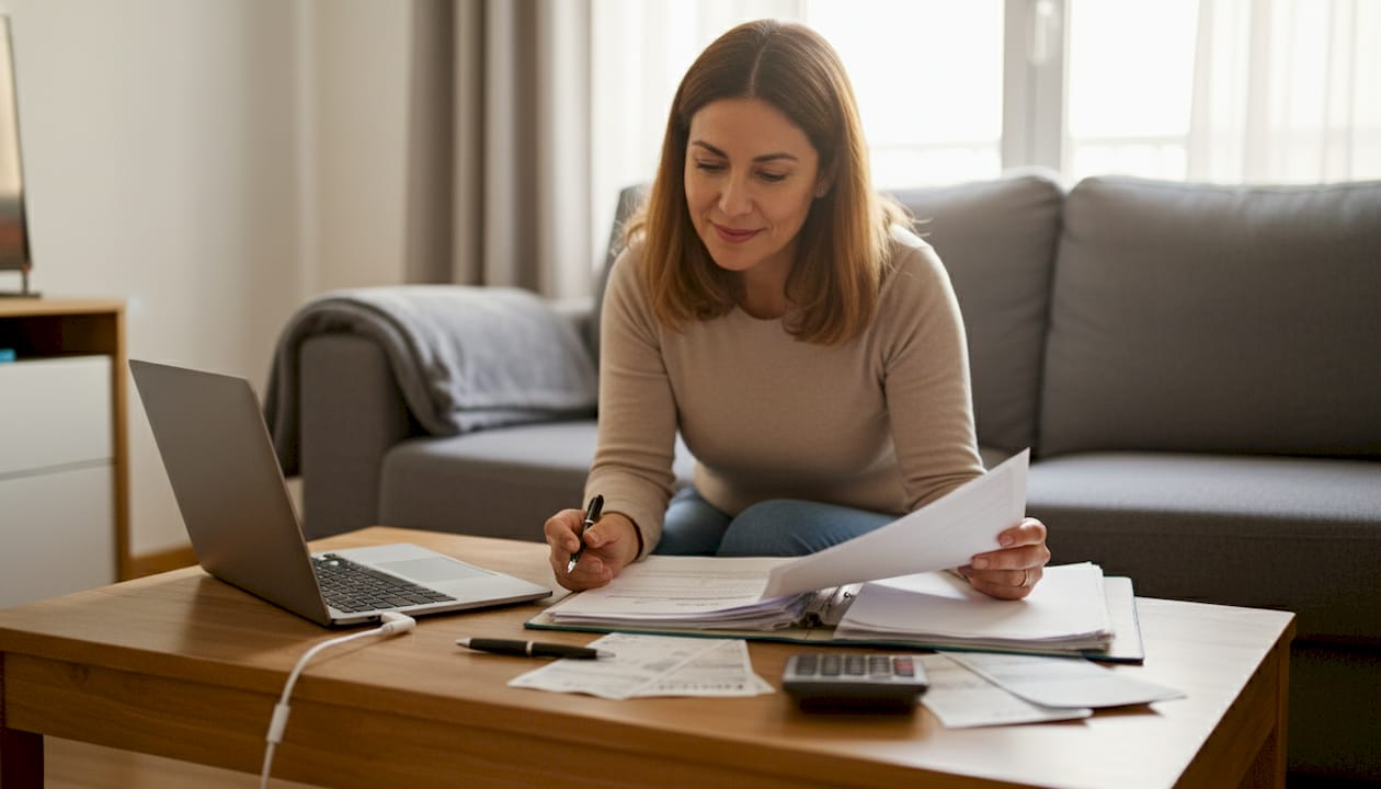 Mujer revisando papeles de una reclamación desde la comodidad de su hogar