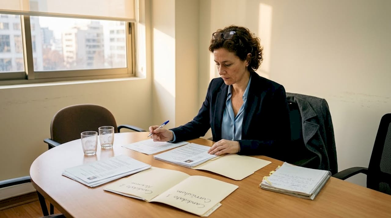 Una mujer analiza perfiles profesionales para elegir al experto más adecuado.