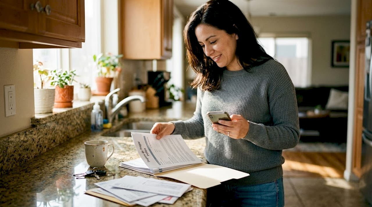 Un propietario revisa y organiza sus pólizas de seguro mientras está en la cocina de su casa.