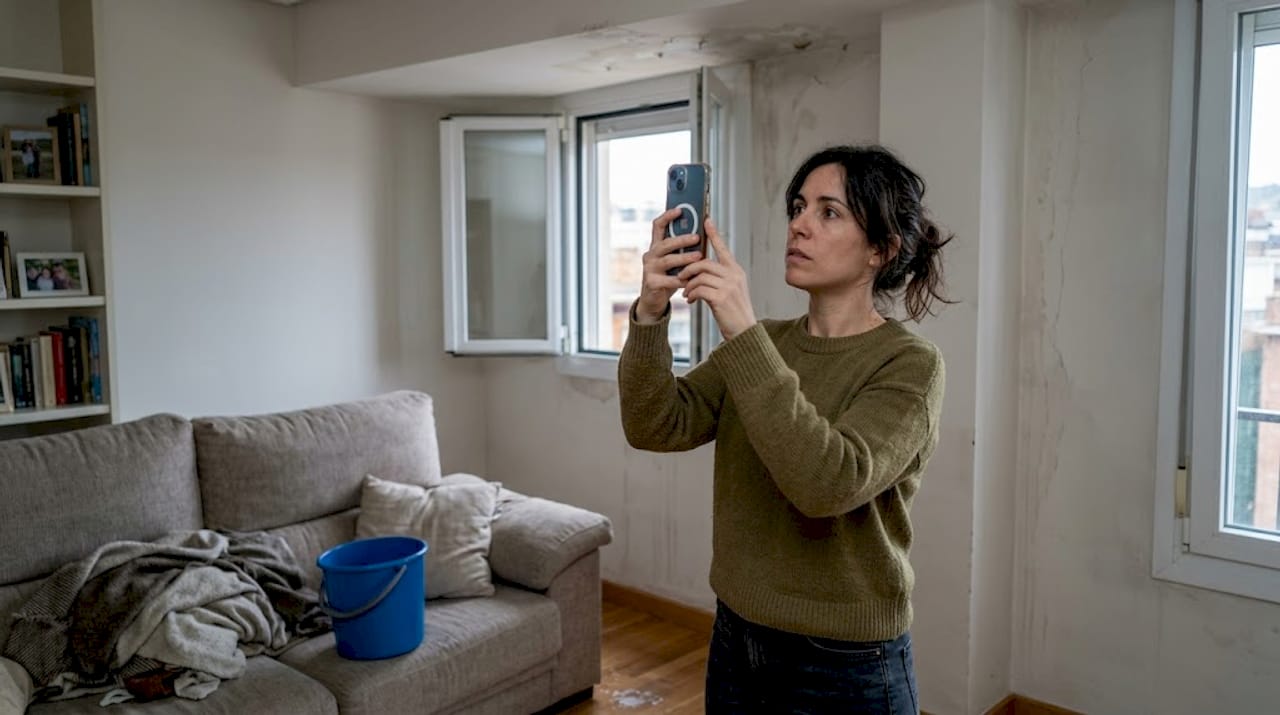 Una mujer toma fotos de los destrozos que dejó la tormenta.