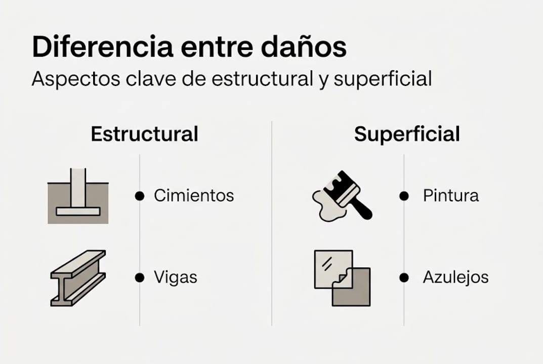 Visual explicativo sobre los diferentes tipos de daños: estructurales y superficiales