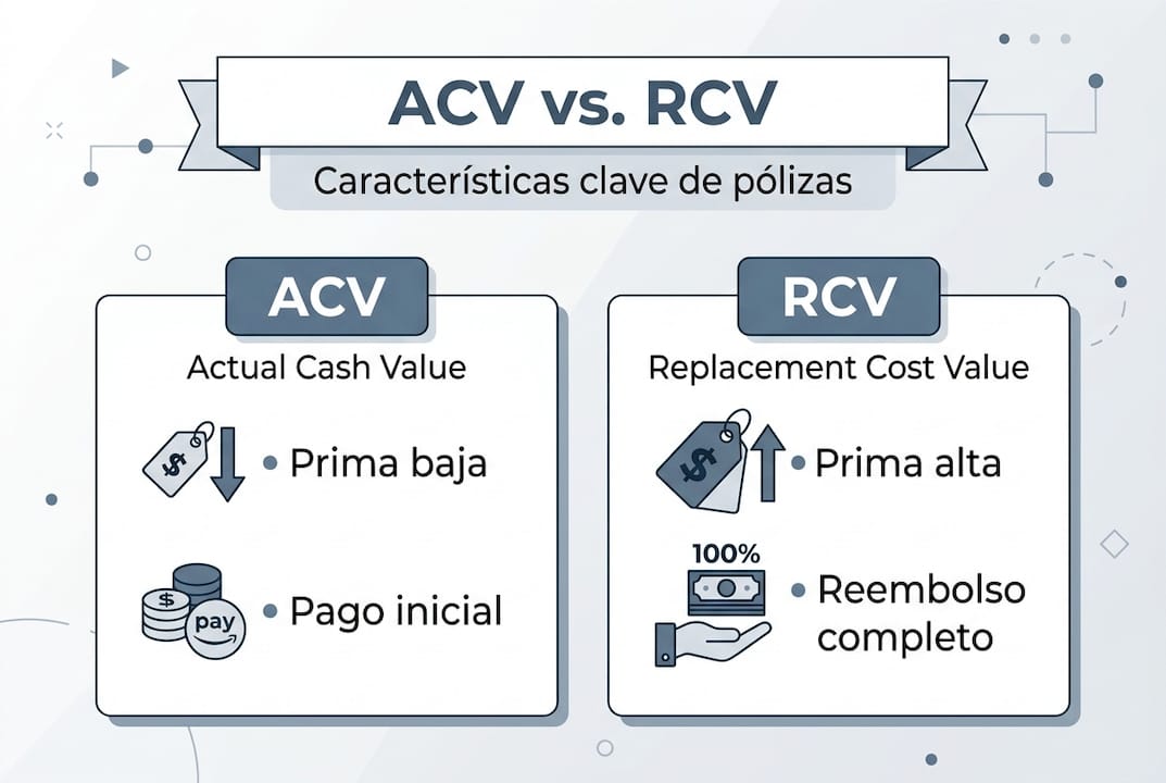 Infografía comparativa: diferencias entre seguros de daños propios (ACV) y responsabilidad civil (RCV)