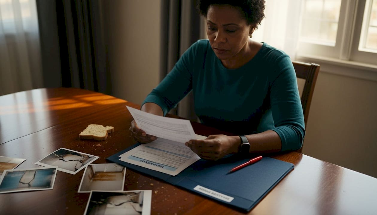 Una mujer revisa los documentos de su seguro mientras está sentada en la mesa del comedor.