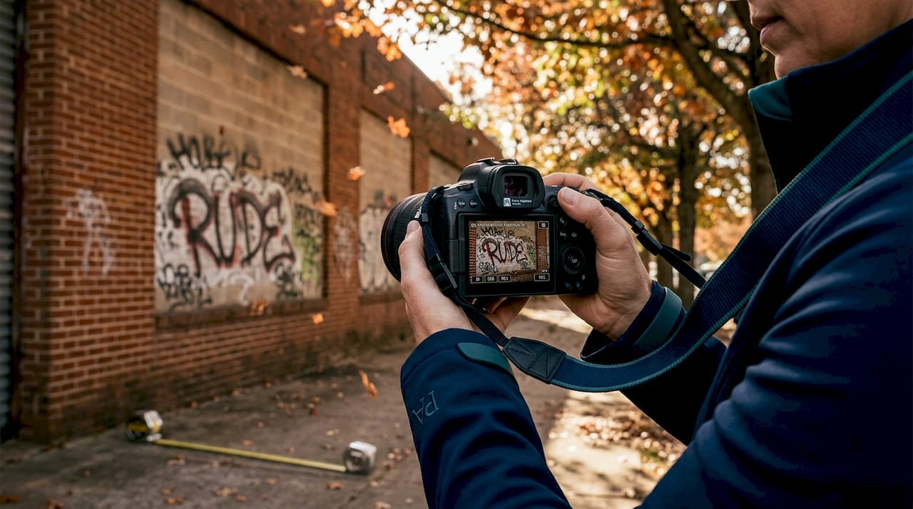 Manos tomando fotos de pintadas vandálicas en una pared de ladrillo