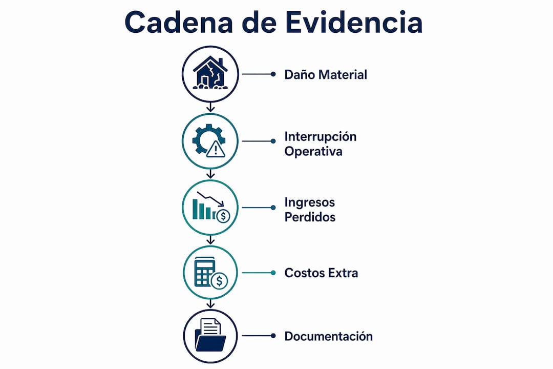 Infografía sobre el proceso de acreditación del lucro cesante, mostrando paso a paso la cadena de evidencias necesarias.