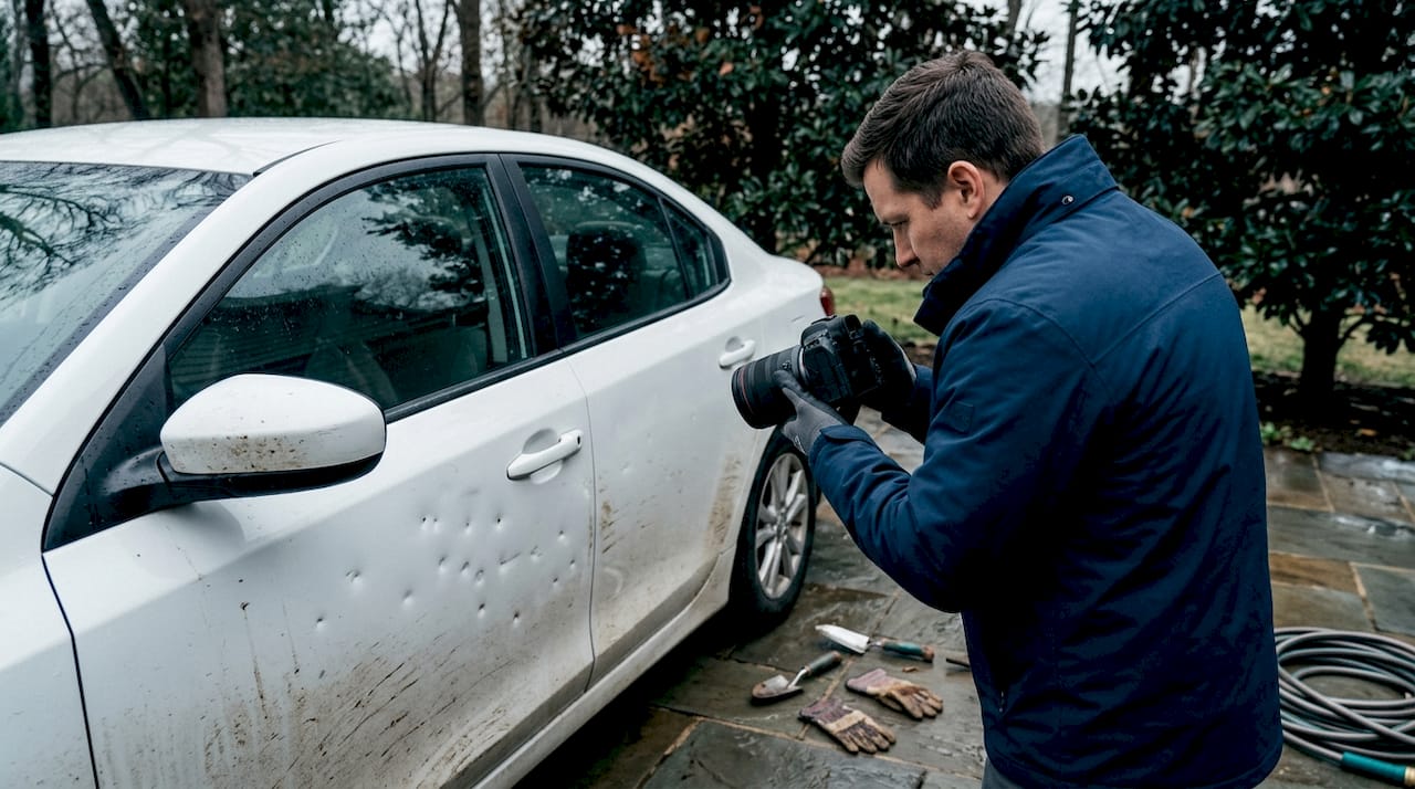 Persona tomando fotos de los daños que el granizo causó en su coche