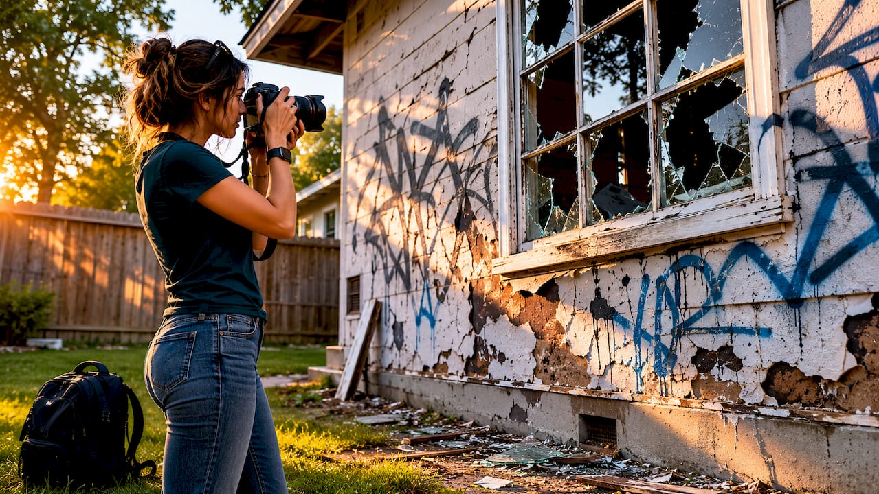 Una mujer toma fotos para documentar los daños causados por actos de vandalismo en su hogar.