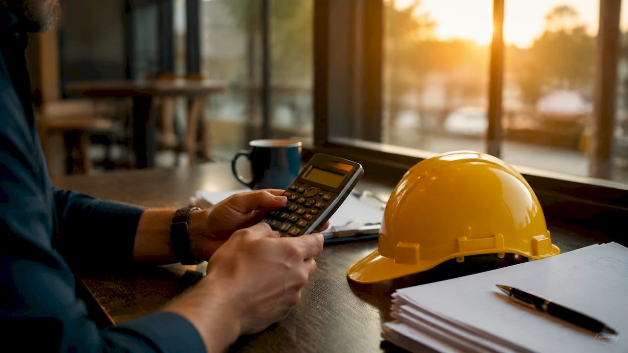 Persona realizando cálculos en una calculadora mientras gestiona temas de seguros
