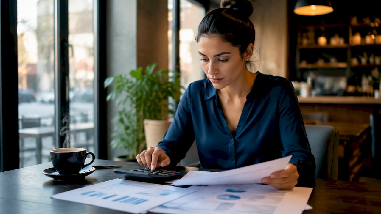 Persona revisando papeles contables mientras utiliza una calculadora