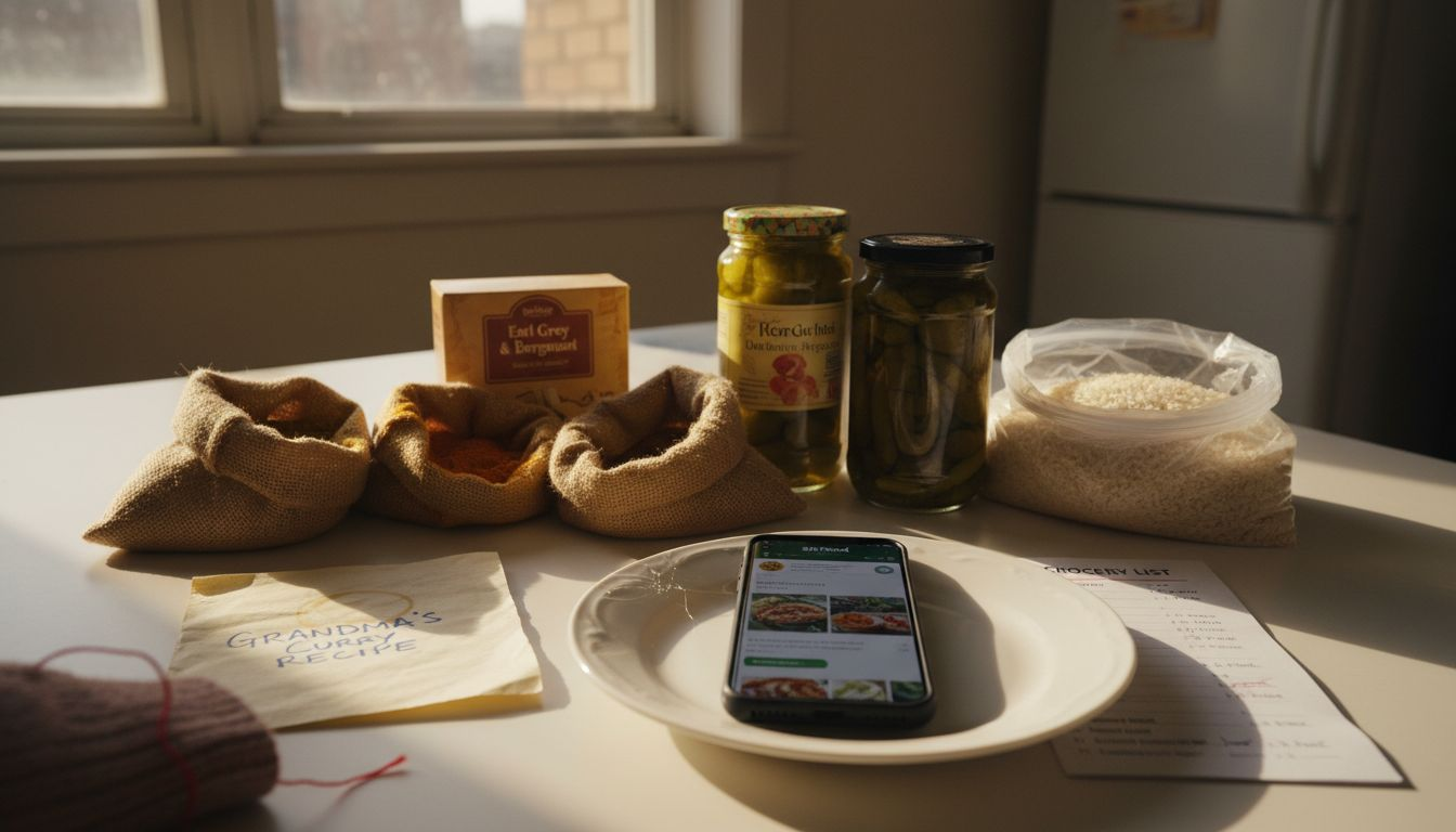 Indian grocery assortment with smartphone and recipes
