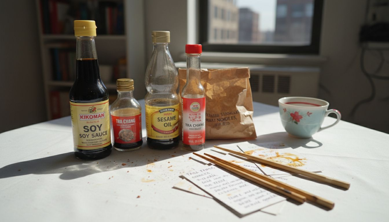 Asian pantry staples on cluttered dining table