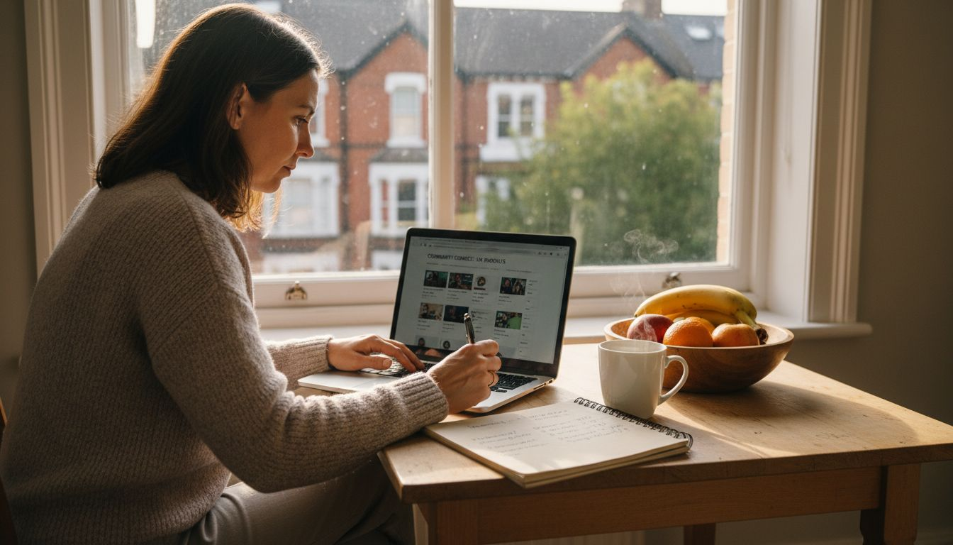 Woman researching online community profiles