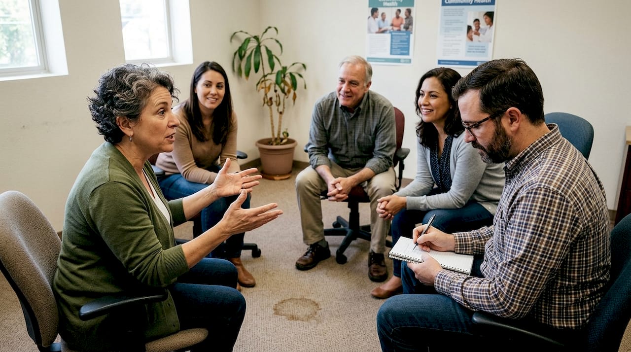 In einer Runde sitzen die Teilnehmer zusammen und tauschen sich offen über das Thema Körperwahrnehmung aus.
