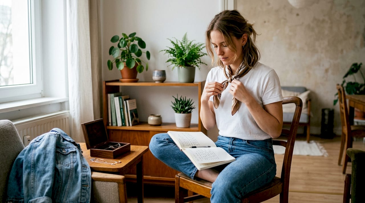 Eine Frau probiert verschiedene Outfits aus, um das perfekte Foto zu schießen.