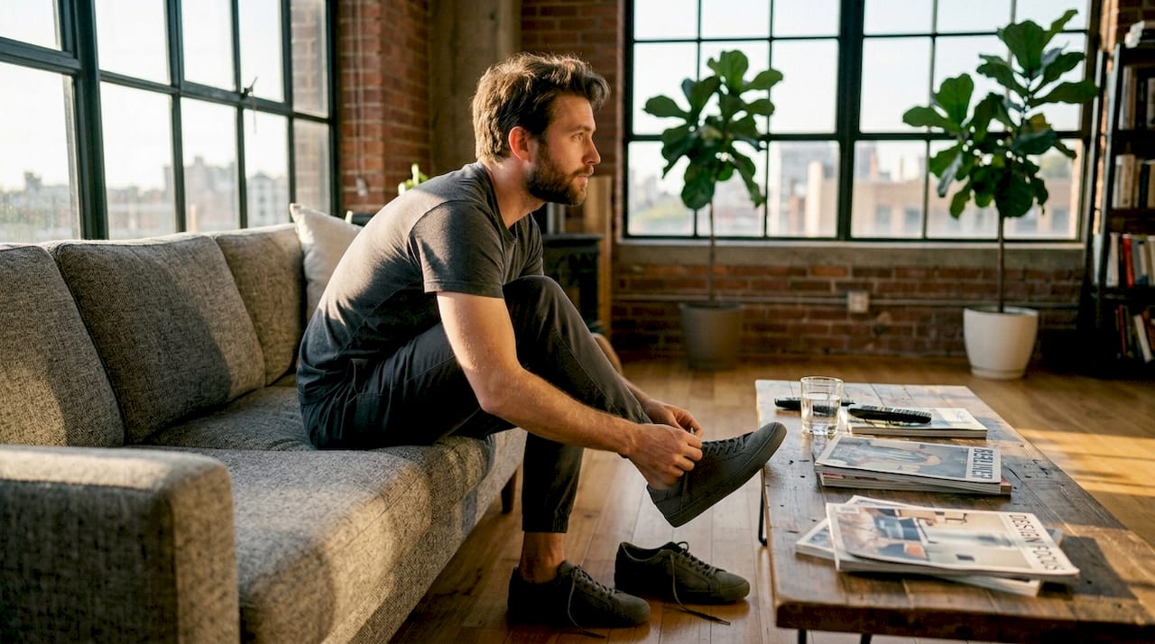 Ein männliches Model macht sich in einem Loft für ein Fotoshooting bereit.