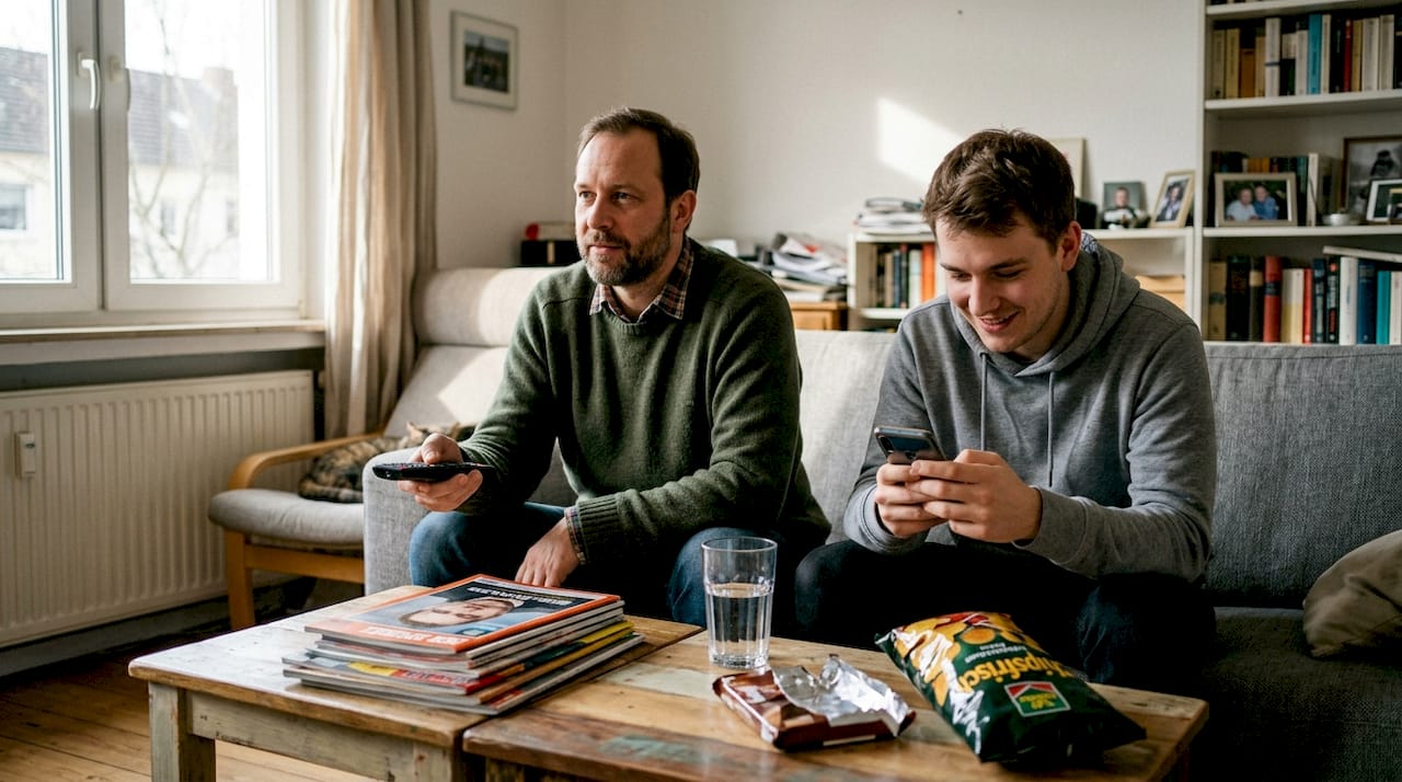 Zwei Männer lassen sich zu Hause von den Medien beeinflussen.