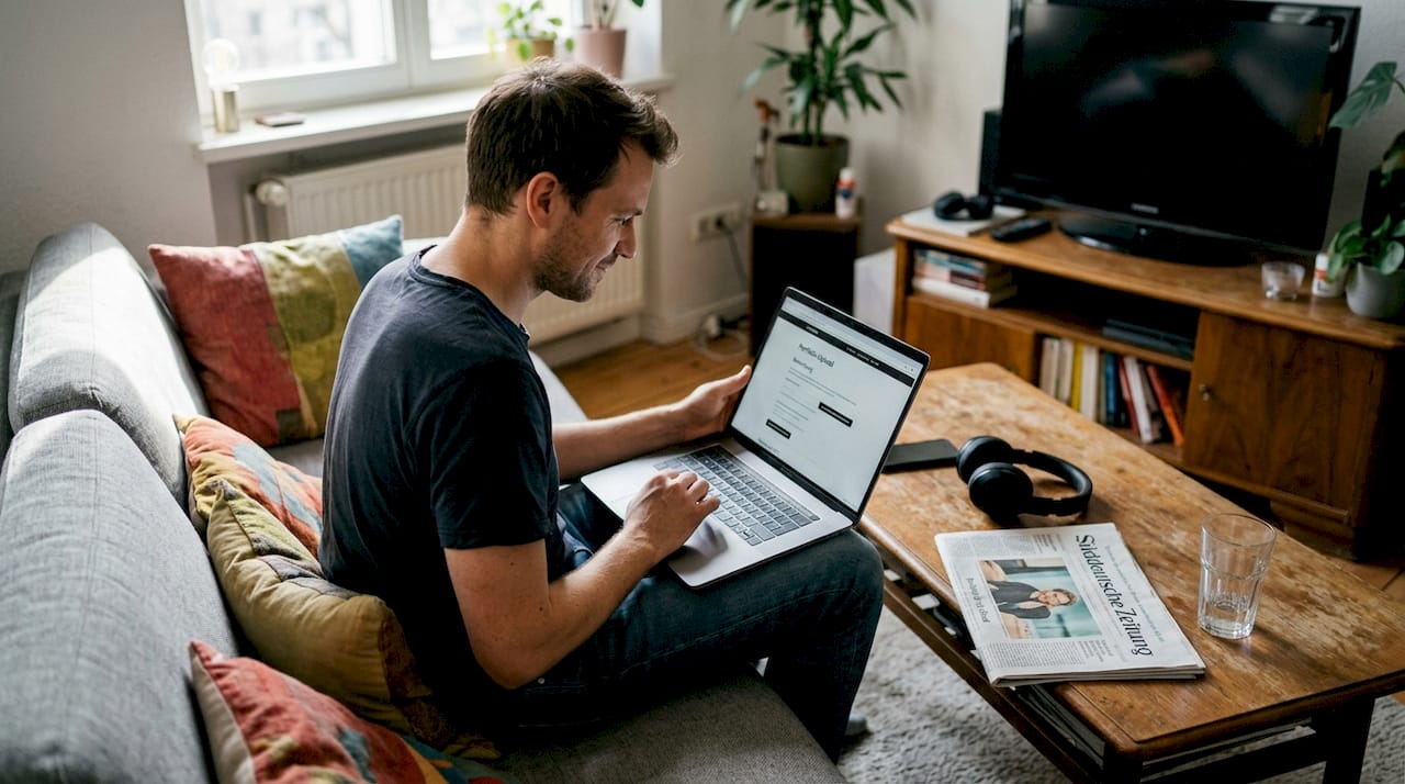 Zu Hause sitzt er am Laptop und lädt Fotos von Models hoch.