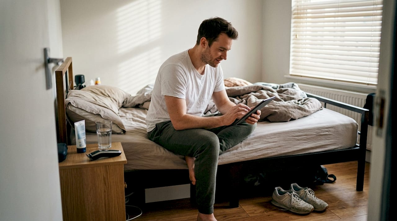 Man browsing grooming styles on tablet