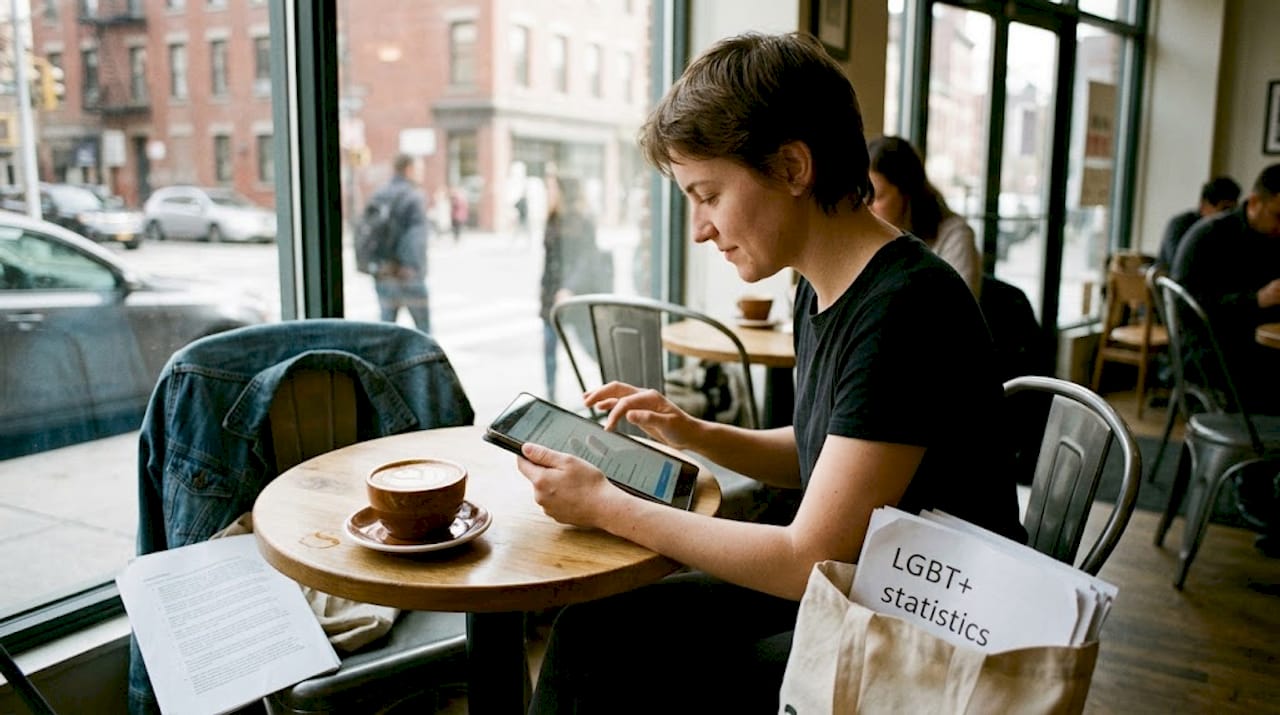 Person reviews LGBT statistics in café