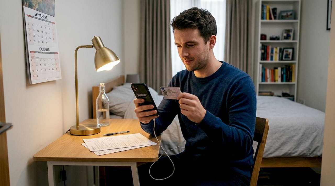 Man verifying ID documents at bedroom desk