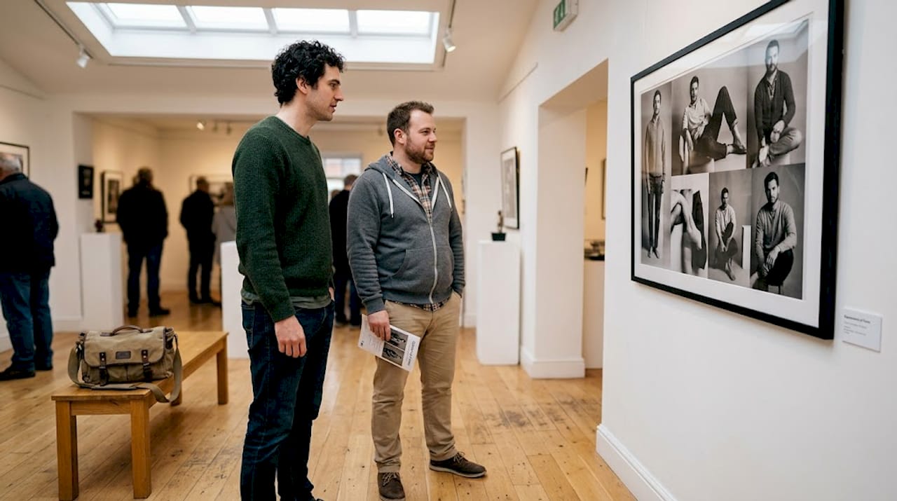 Men observe diverse body art in gallery