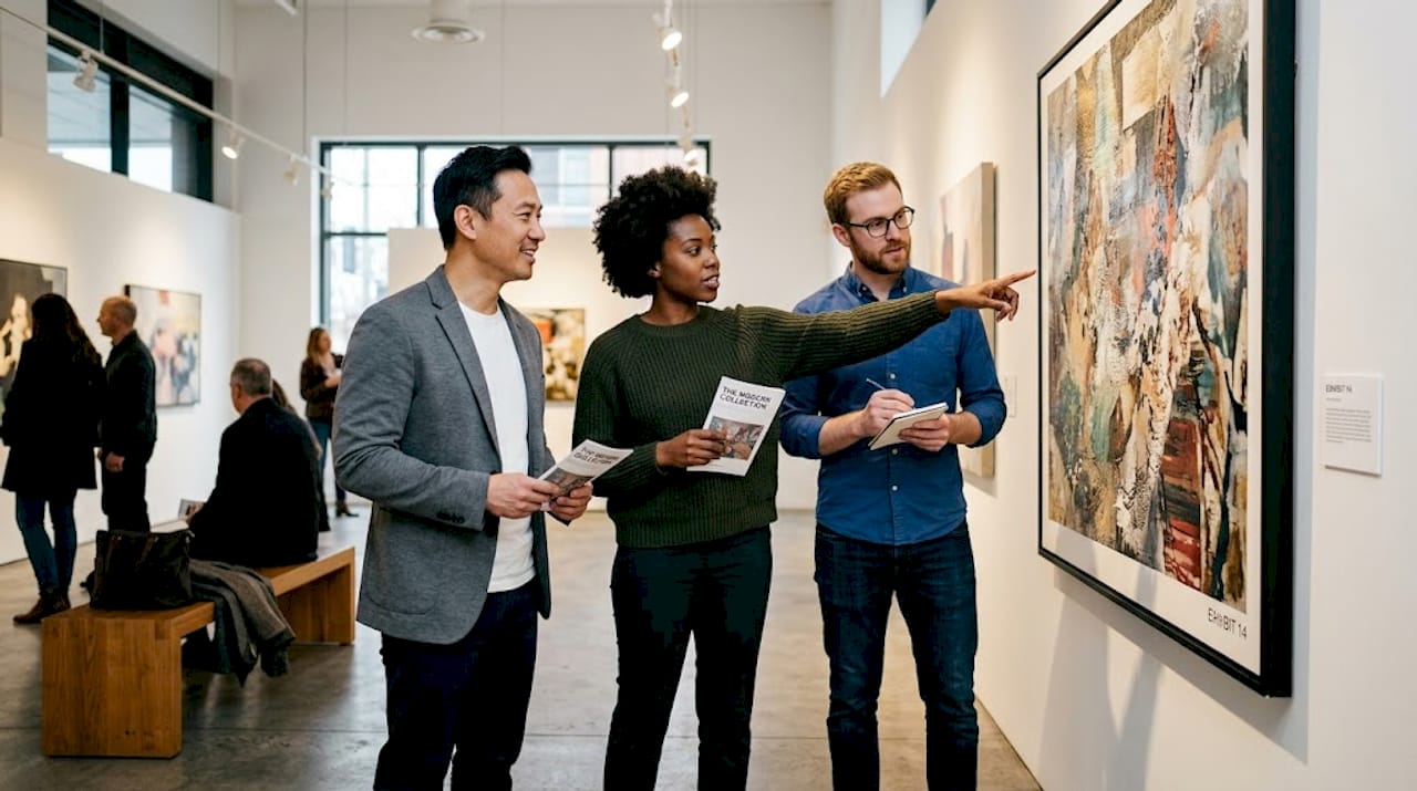 Art gallery visitors viewing large artwork
