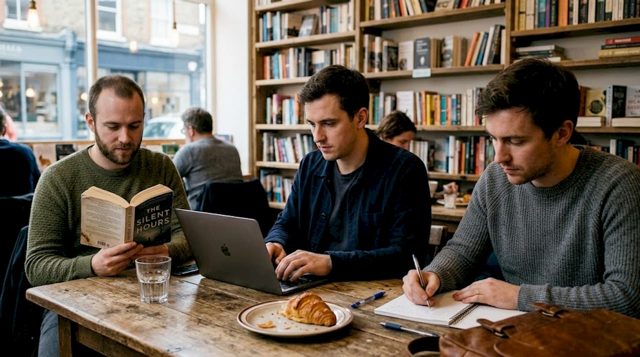 Three men reading and writing at café table