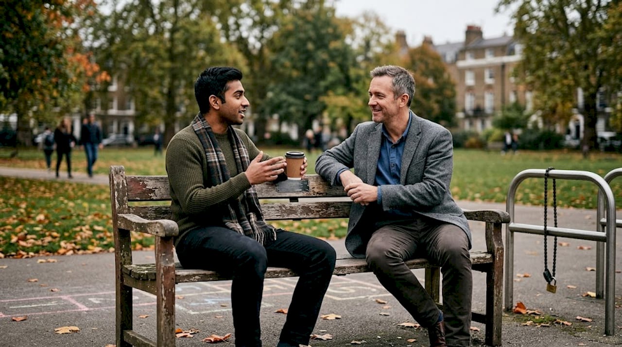 Men from different cultures talk on park bench