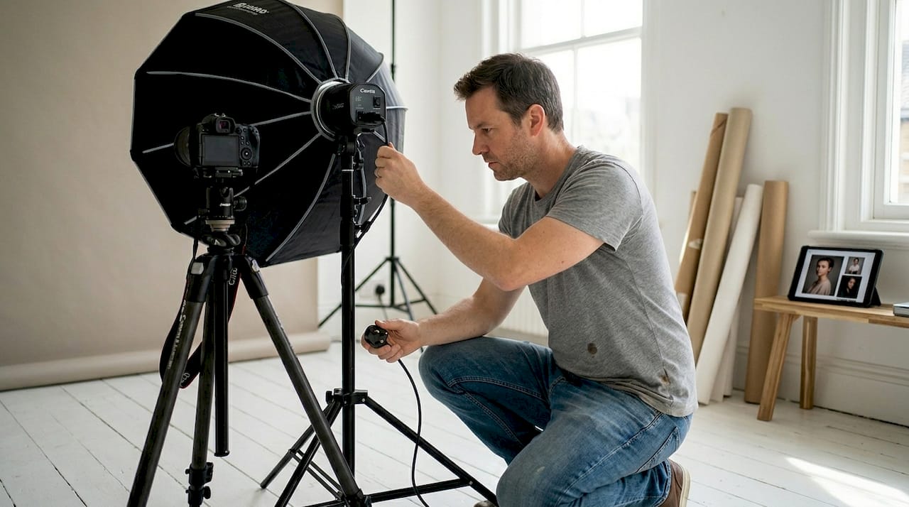 Photographer arranging lighting in home studio